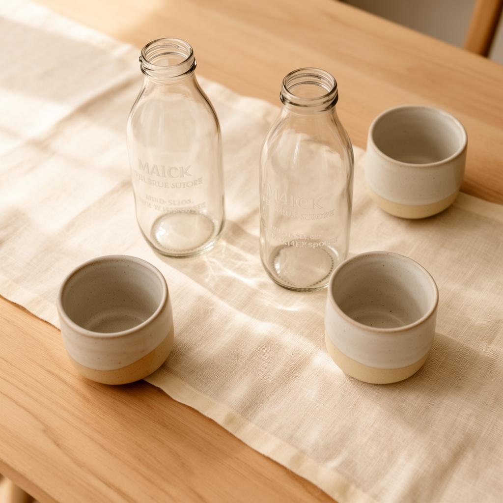 Engraved Rooted Mylk bottles set on a linen table for an event
