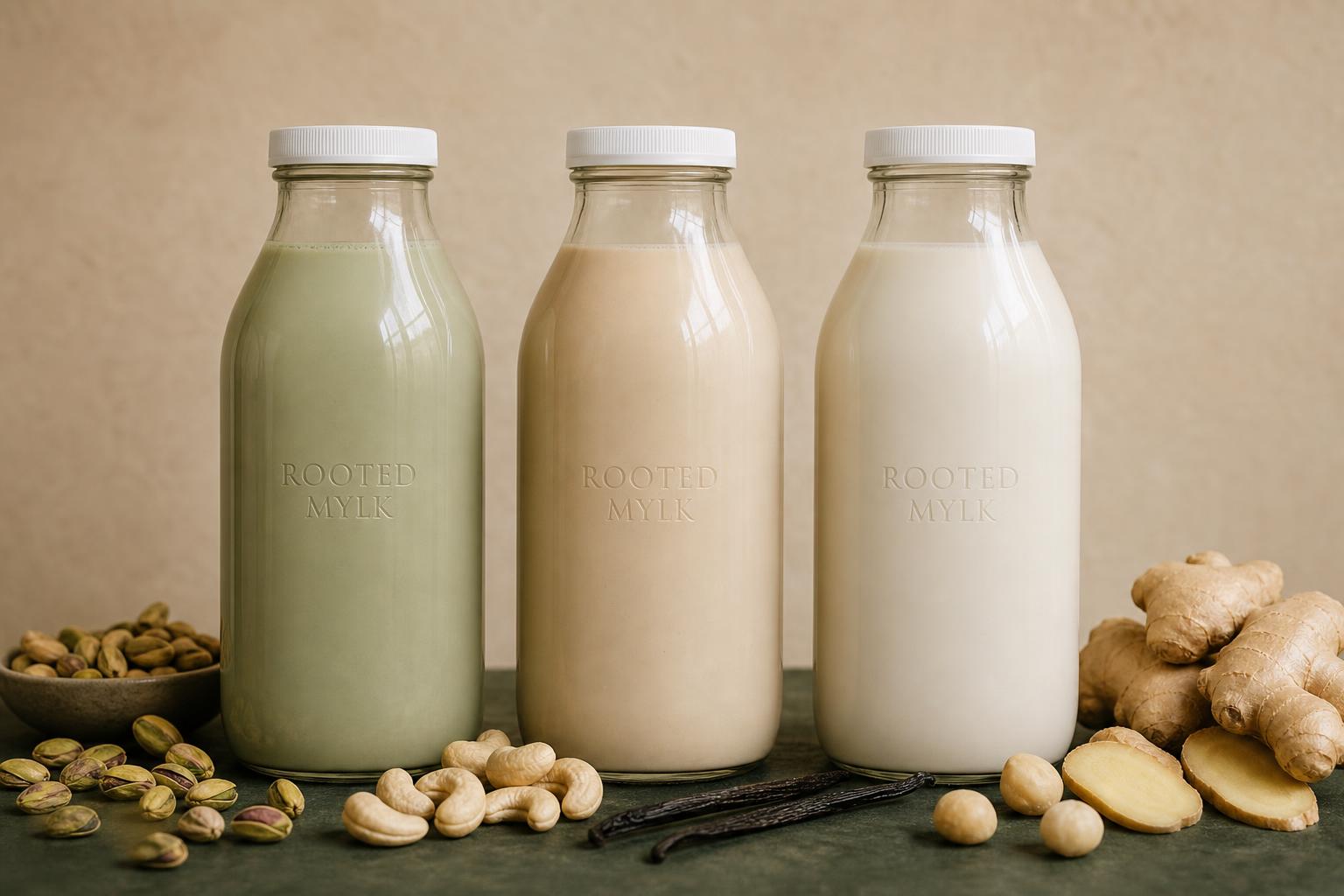 Engraved 32oz glass Rooted Mylk bottle on a stone slab