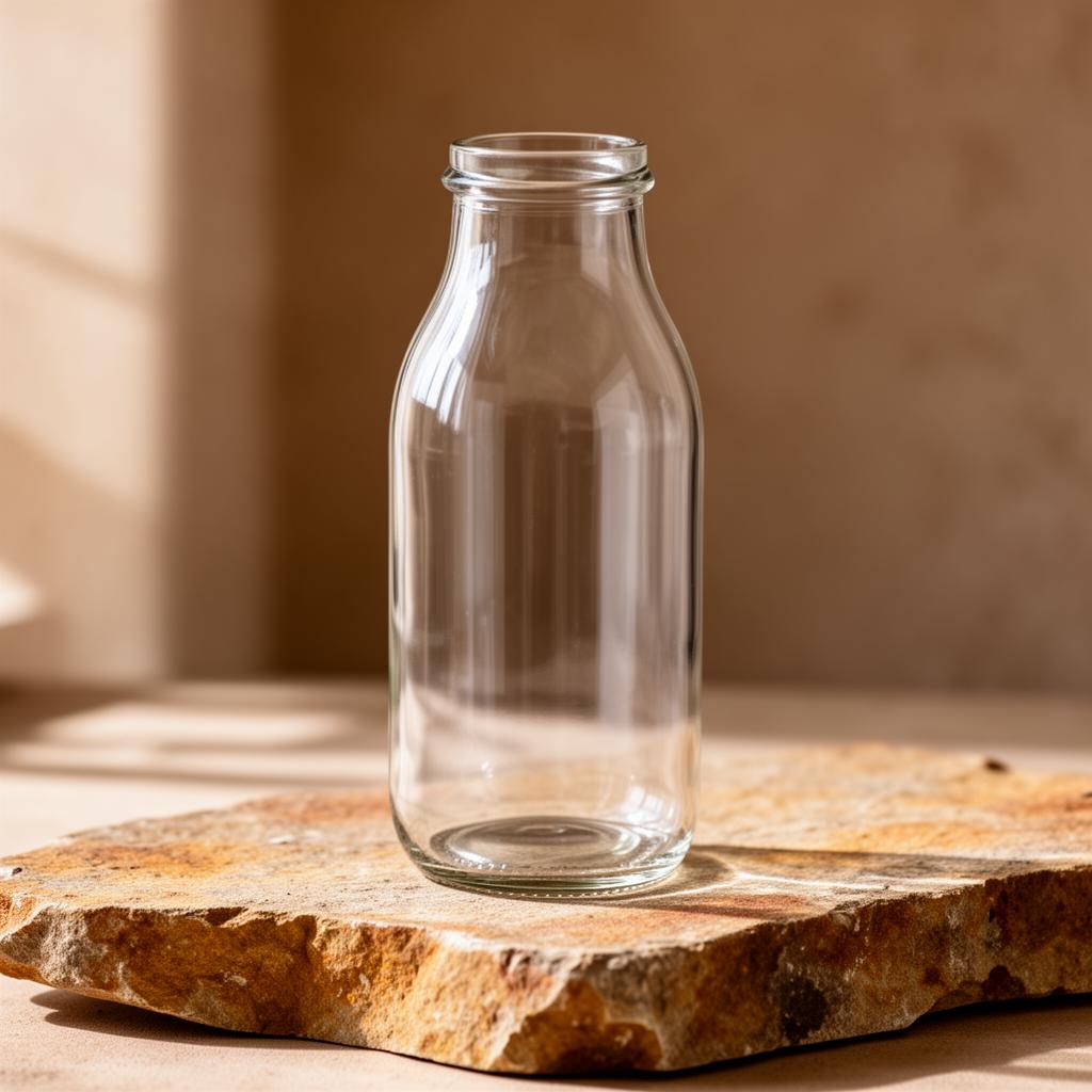 Refillable glass jar of Rooted Mylk on a stone slab